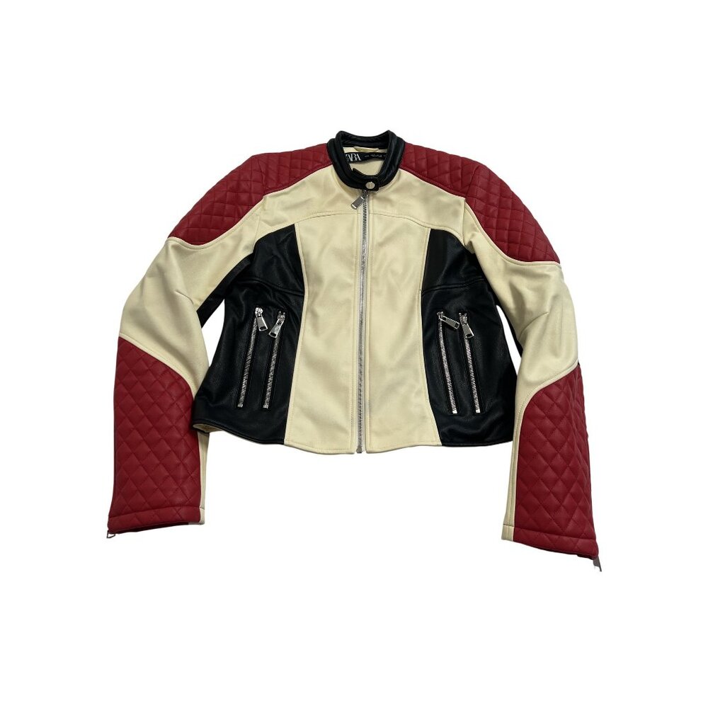 Zara Faux Leather Jacket with Zips in Ivory Black Red